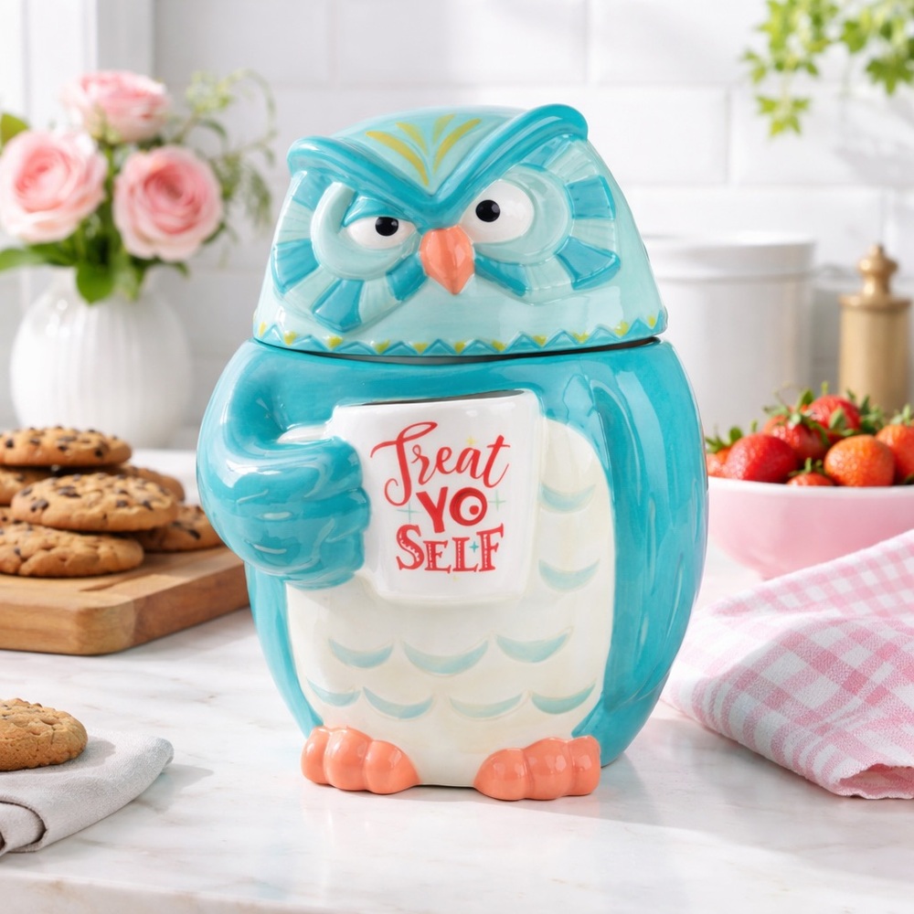 Cracker Barrel Blue Owl Cookie Jar Treat Yo Self 2-Piece Stoneware 10" Tall NIB